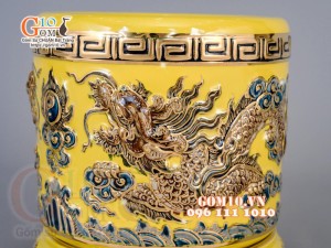 Bát hương Vàng đắp nổi Song Long Chầu Nguyệt - vẽ vàng 24k, đường kính 27cm