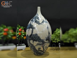 Bình dáng xe điếu men rạn cổ vẽ cảnh sơn thuỷ, cao 41cm