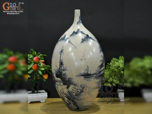 Bình dáng xe điếu men rạn cổ vẽ cảnh sơn thuỷ, cao 41cm