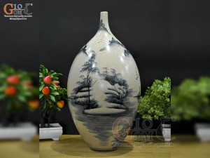 Bình dáng xe điếu men rạn cổ vẽ cảnh sơn thuỷ, cao 41cm