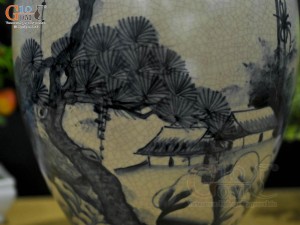 Bình dáng xe điếu men rạn cổ vẽ cảnh sơn thuỷ, cao 41cm