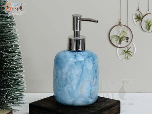 Bình đựng dầu gội, sữa tắm dáng tròn thấp men đá màu xanh thiên thanh, 350ml