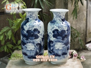 Bình hoa dáng bí men rong cổ họa tiết hoa Sen, cao 50cm