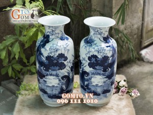 Bình hoa dáng bí men rong cổ họa tiết hoa Sen, cao 50cm