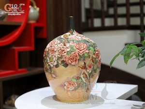 Bình hoa dáng cổ nhọn men loang nâu đắp nổi Chim Hoa vẽ vàng 24k, cao 40cm