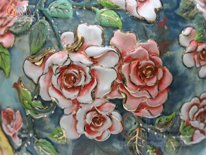 Bình hoa dáng cổ nhọn men loang xanh đắp nổi Chim Hoa vẽ vàng 24k, cao 40cm