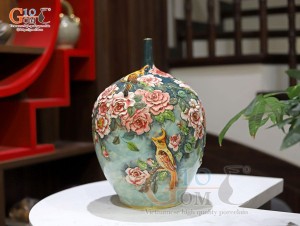 Bình hoa dáng cổ nhọn men loang xanh đắp nổi Chim Hoa vẽ vàng 24k, cao 40cm