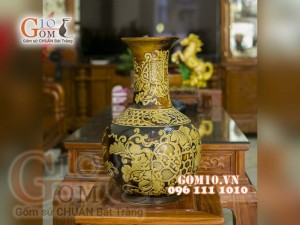 Bình hoa dáng tỏi cổ men màu khắc nổi, cao 55cm