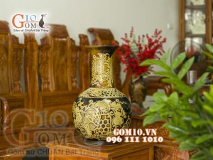 Bình hoa dáng tỏi cổ men màu khắc nổi, cao 55cm