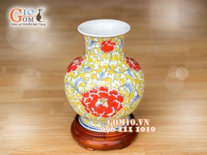 Bình hoa dáng tỏi cổ nền vàng vẽ hoa Phù Dung đỏ 26cm