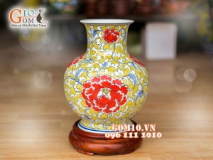 Bình hoa dáng tỏi cổ nền vàng vẽ hoa Phù Dung đỏ 26cm