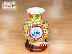 Bình hoa dáng tỏi cổ nền vàng vẽ Phúc - Lộc - Thọ 26cm