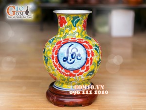 Bình hoa dáng tỏi cổ nền vàng vẽ Phúc - Lộc - Thọ 26cm