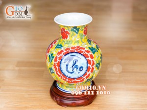 Bình hoa dáng tỏi cổ nền vàng vẽ Phúc - Lộc - Thọ 26cm