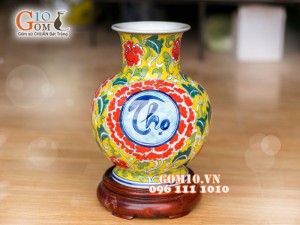Bình hoa dáng tỏi cổ nền vàng vẽ Phúc - Lộc - Thọ 26cm