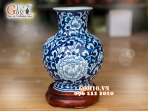 Bình hoa dáng tỏi cổ nền xanh vẽ hoa Phù Dung 26cm