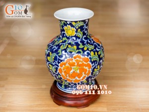 Bình hoa dáng tỏi cổ nền xanh vẽ hoa Phù Dung vàng 26cm