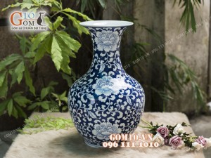 Bình hoa dáng tỏi đại men rong cổ họa tiết Hoa Dây, cao 46cm