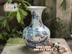 Bình hoa dáng tỏi đại men rong cổ họa tiết Thuận Buồm Xuôi Gió, cao 52cm - vẽ Vàng 24k