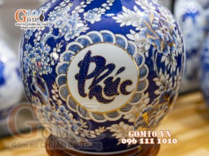 Bình hoa dáng tỏi men màu họa tiết Phúc Đức Tài Lộc vẽ vàng 24k, cao 55cm
