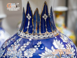 Bình hoa dáng tỏi men màu họa tiết Phúc Đức Tài Lộc vẽ vàng 24k, cao 55cm