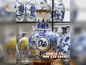 Bình hoa dáng tỏi men màu họa tiết Phúc Đức Tài Lộc vẽ vàng 24k, cao 55cm