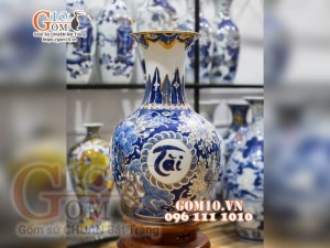 Bình hoa dáng tỏi men màu họa tiết Phúc Đức Tài Lộc vẽ vàng 24k, cao 55cm