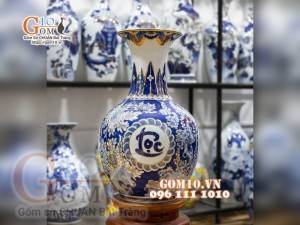 Bình hoa dáng tỏi men màu họa tiết Phúc Đức Tài Lộc vẽ vàng 24k, cao 55cm