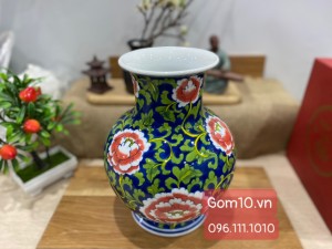 Bình hoa dáng tỏi men màu vẽ hoa mẫu đơn cao 26cm