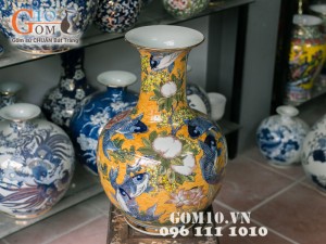 Bình hoa dáng tỏi vẽ cá chép hóa sen vàng 54cm