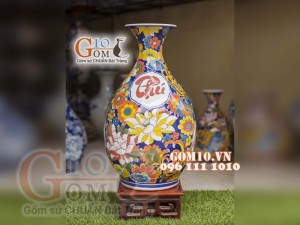 Bình hoa dáng tỳ bà men màu họa tiết Phú Quý Trường Thọ, cao 60cm