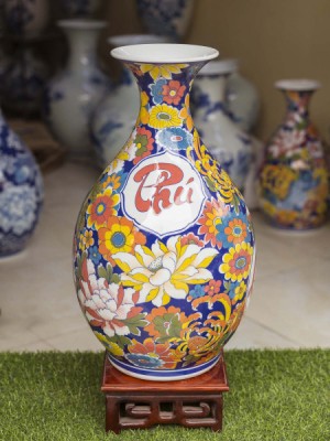 Bình hoa dáng tỳ bà men màu họa tiết Phú Quý Trường Thọ, cao 60cm