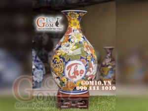 Bình hoa dáng tỳ bà men màu họa tiết Phú Quý Trường Thọ, cao 60cm