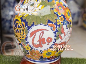 Bình hoa dáng tỳ bà men màu họa tiết Phú Quý Trường Thọ, cao 60cm