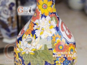 Bình hoa dáng tỳ bà men màu họa tiết Phú Quý Trường Thọ, cao 60cm