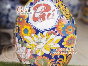 Bình hoa dáng tỳ bà men màu họa tiết Phú Quý Trường Thọ, cao 60cm