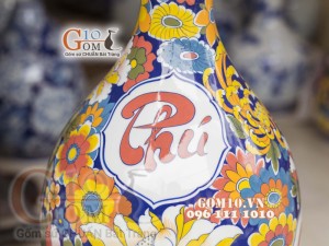 Bình hoa dáng tỳ bà men màu họa tiết Phú Quý Trường Thọ, cao 60cm
