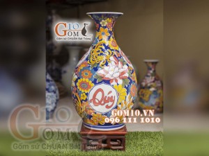Bình hoa dáng tỳ bà men màu họa tiết Phú Quý Trường Thọ, cao 60cm
