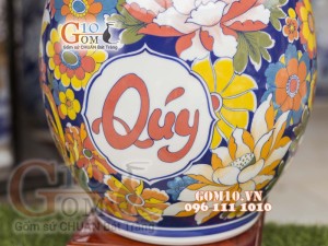 Bình hoa dáng tỳ bà men màu họa tiết Phú Quý Trường Thọ, cao 60cm