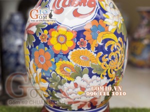 Bình hoa dáng tỳ bà men màu họa tiết Phú Quý Trường Thọ, cao 60cm