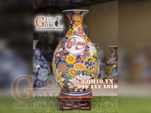 Bình hoa dáng tỳ bà men màu họa tiết Phú Quý Trường Thọ, cao 60cm