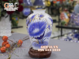 Bình hoa dáng vò men lam vẽ vàng 24k, cảnh Sen Phú Quý, cao 33cm