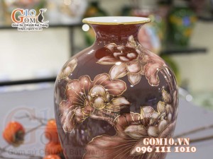 Bình hoa dáng vò men màu vẽ vàng 24k, cảnh Chép Sen, cao 33cm