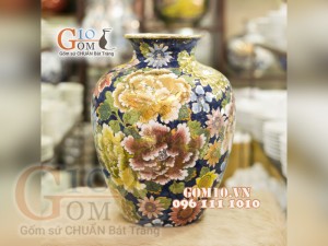 Bình hoa dáng vò vẽ Vàng cao cấp họa tiết hoa Mẫu Đơn, cao 34cm