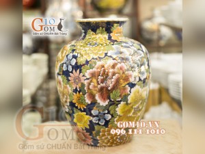 Bình hoa dáng vò vẽ Vàng cao cấp họa tiết hoa Mẫu Đơn, cao 34cm