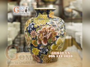 Bình hoa dáng vò vẽ Vàng cao cấp họa tiết hoa Mẫu Đơn, cao 34cm