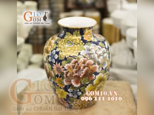 Bình hoa dáng vò vẽ Vàng cao cấp họa tiết hoa Mẫu Đơn, cao 34cm