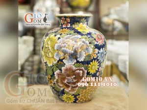 Bình hoa dáng vò vẽ Vàng cao cấp họa tiết hoa Mẫu Đơn, cao 34cm