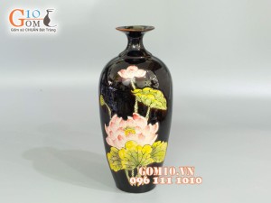 Bình hoa miệng nhỏ men đơn sắc khắc sen màu 51cm