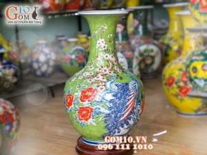 Bình hoa nền xanh dáng tỏi đắp nổi công đào 60cm